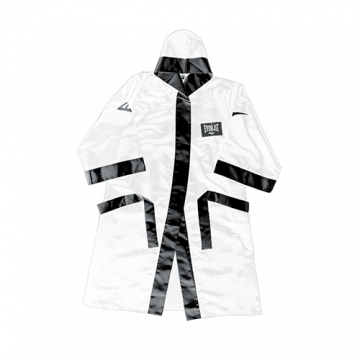 Everlast 100% Poly Satin Full Length Boxing Robe with Hood (White/Black)